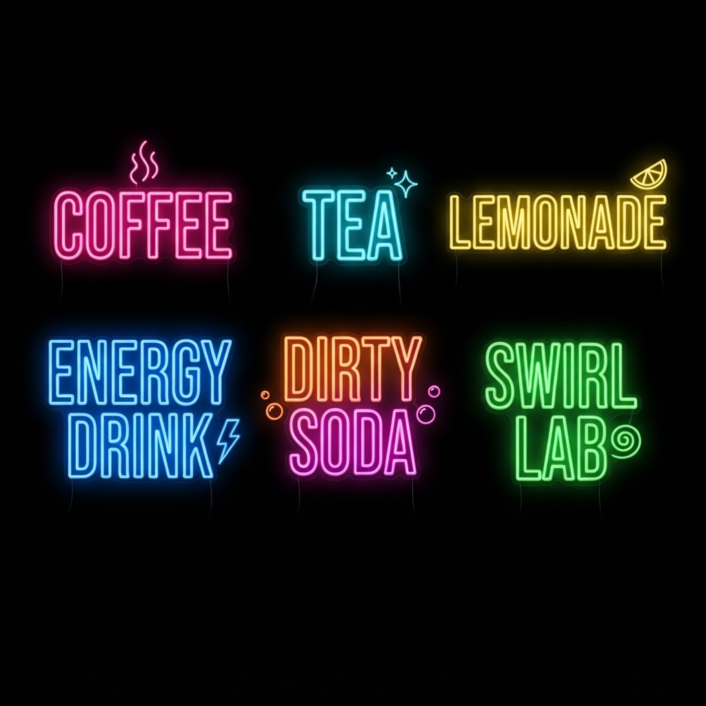Neon signs: Coffee, Tea, Lemonade, Energy Drink, Dirty Soda, Swirl Lab